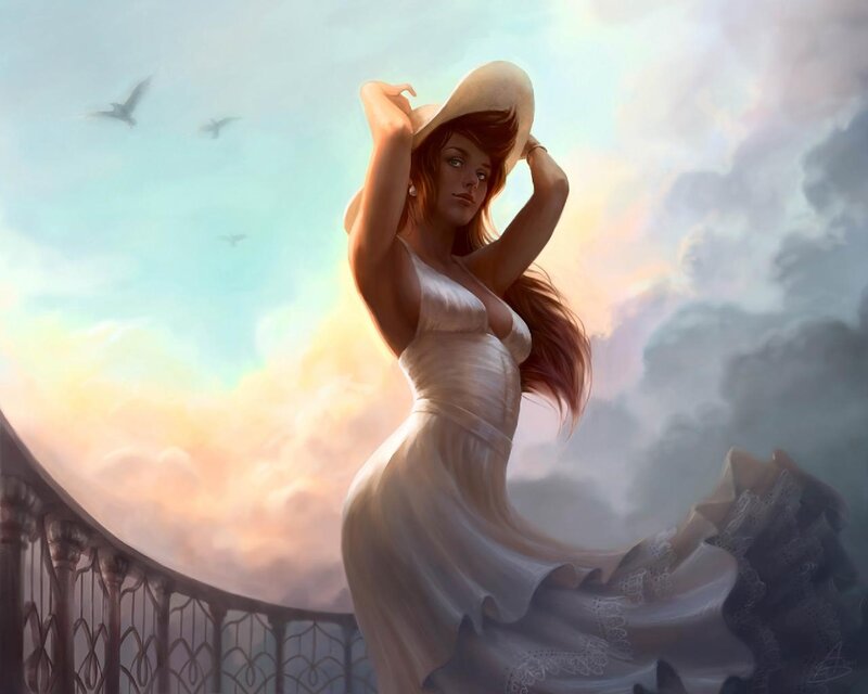 Woman in White Dress — Serene, Sunset, Digital Art, Hat