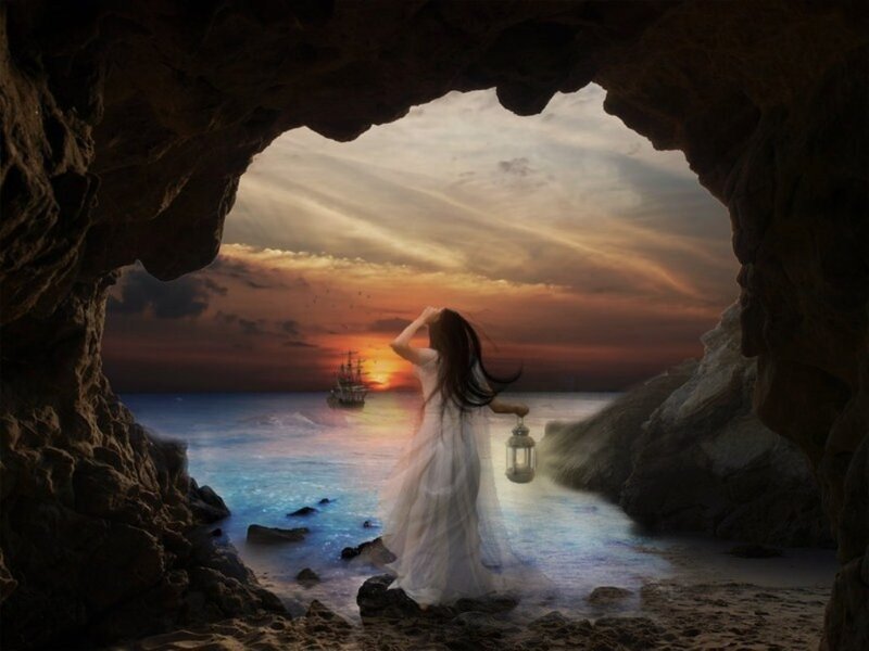 Woman in White Dress — Serene, Sunset, Digital Art, Lantern
