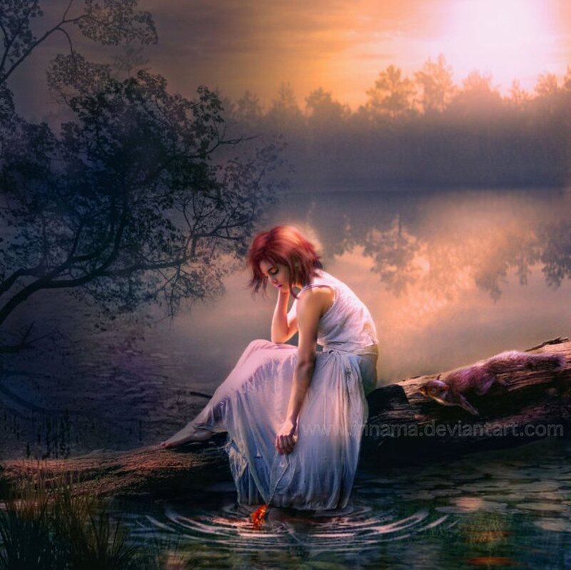 Woman in White Dress — Serene, Sunset, Digital Art, River, Log