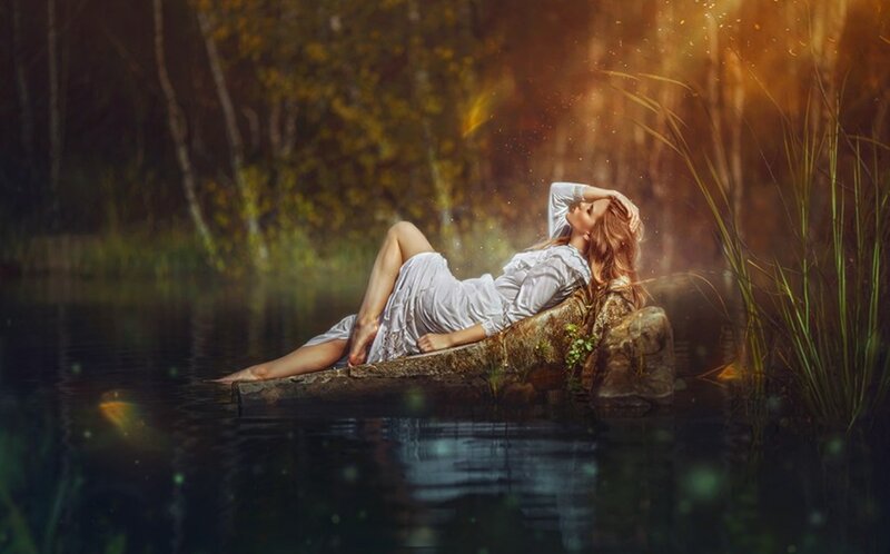 Woman in White Dress — Serene, Sunset, Digital Art, River, Rock
