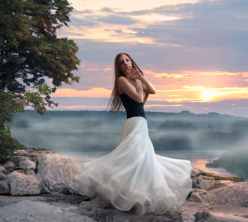 Woman in White Dress — Serene, Sunset, Digital Art, River
