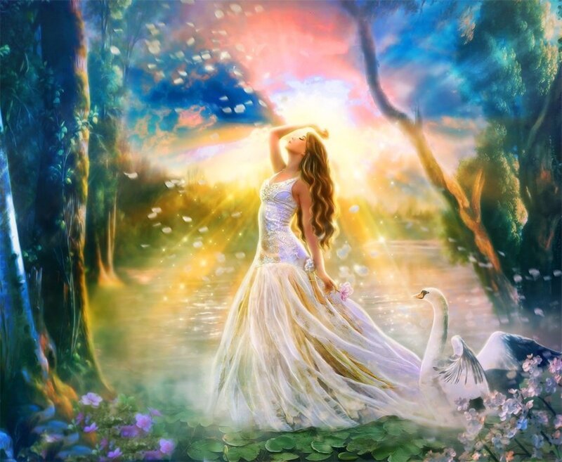 Woman in White Dress — Serene, Sunset, Digital Art, Swan, Trees
