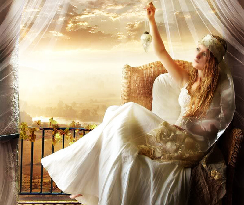 Woman in White Dress — Serene, Sunset, Digital Art