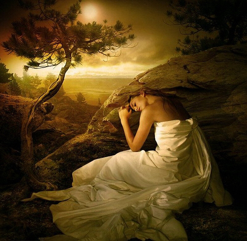 Woman in White Dress — Serene, Sunset, Digital Art, Tree