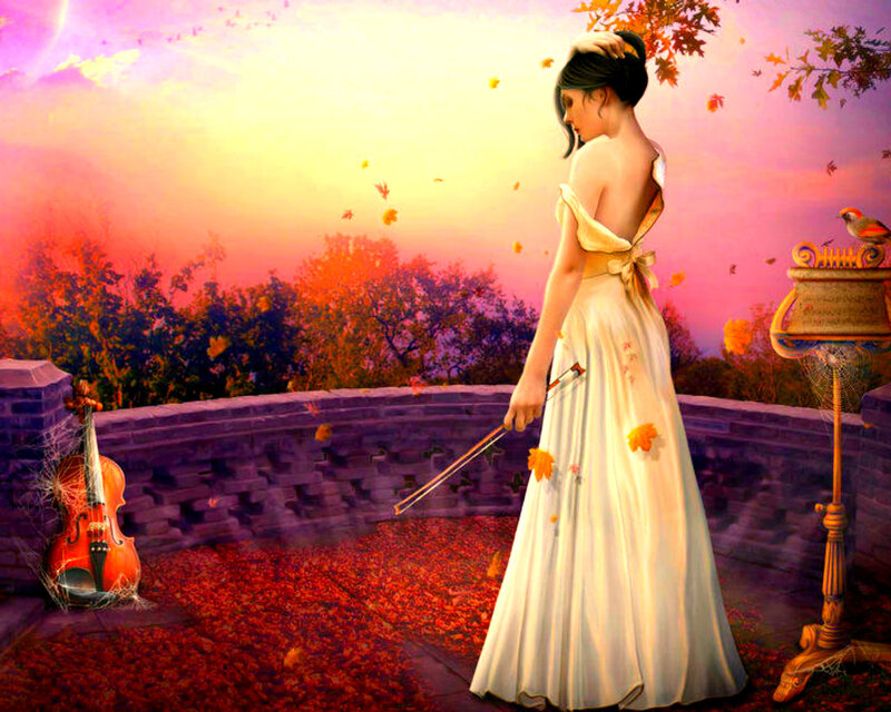 Woman in White Dress — Serene, Sunset, Digital Art, Violin