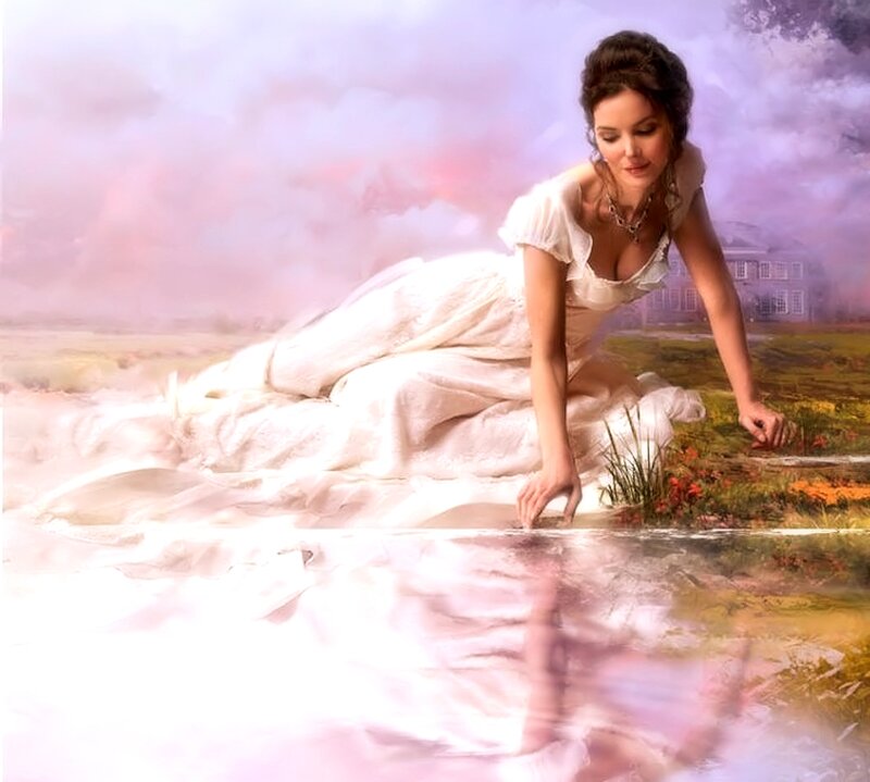 Woman in White Dress — Serene, Sunset, Digital Art, Water