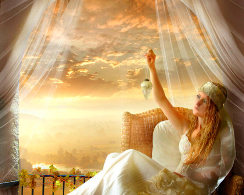 Woman in White Dress — Serene, Sunset, Digital Art, Wicker Chair