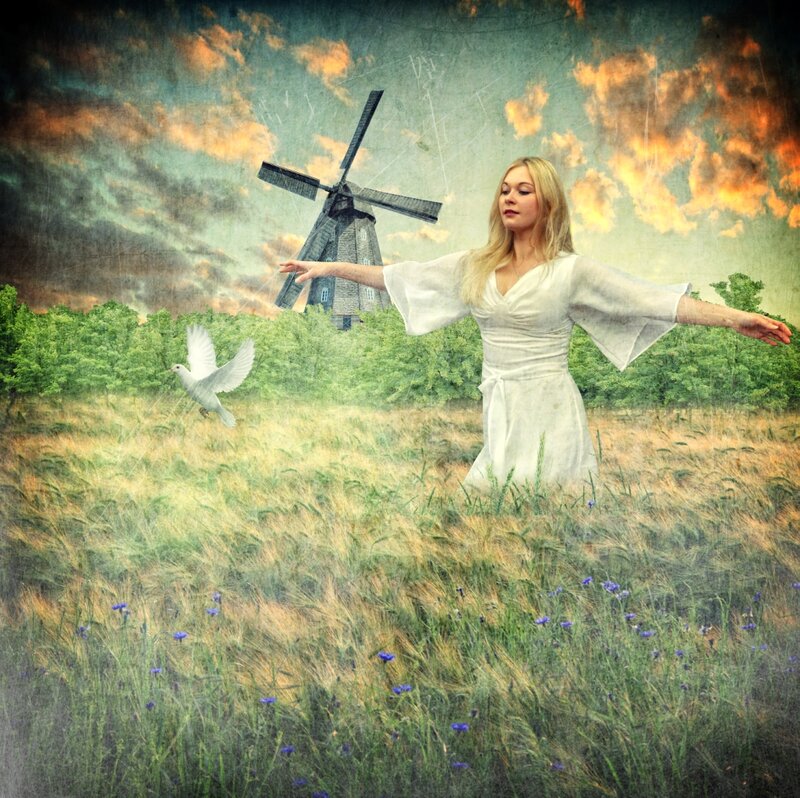 Woman in White Dress — Serene, Sunset, Digital Art, Windmill