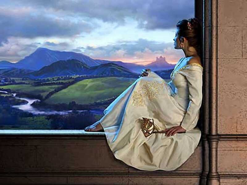 Woman in White Dress — Serene, Sunset, Digital Art, Window