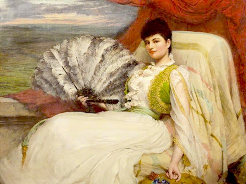 Woman in White Dress — Serene, Sunset, Painting, Feather Fan