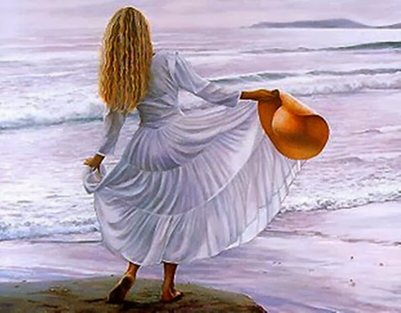 Woman in White Dress — Serene, Sunset, Painting, Hat