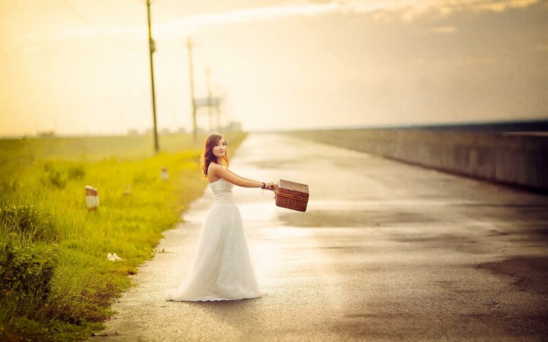 Woman in White Dress — Serene, Sunset, Photograph, Basket