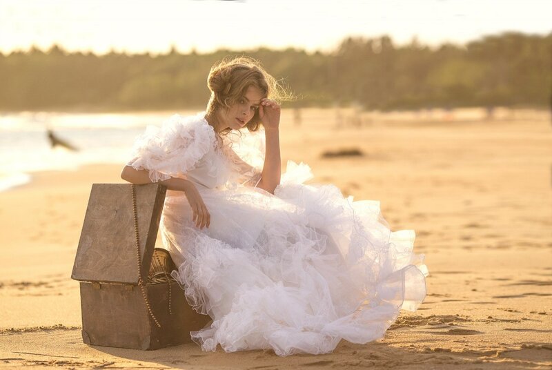 Woman in White Dress — Serene, Sunset, Photograph, Beach, Chest