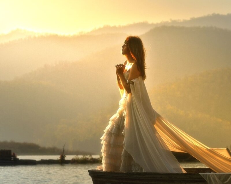 Woman in White Dress — Serene, Sunset, Photograph, Boat, Mountains