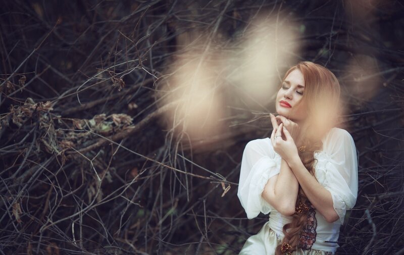 Woman in White Dress — Serene, Sunset, Photograph, Branches