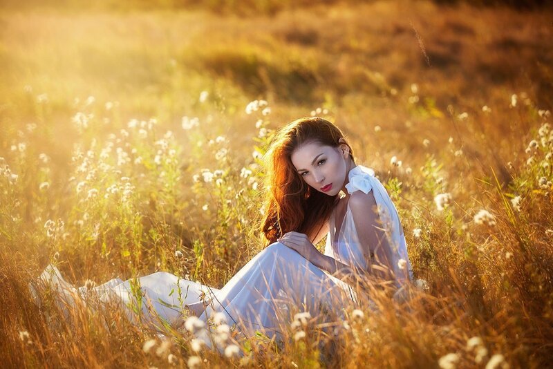 Woman in White Dress — Serene, Sunset, Photograph, Field, Flowers, Grass