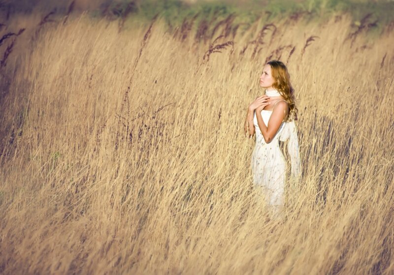 Woman in White Dress — Serene, Sunset, Photograph, Field, Grass