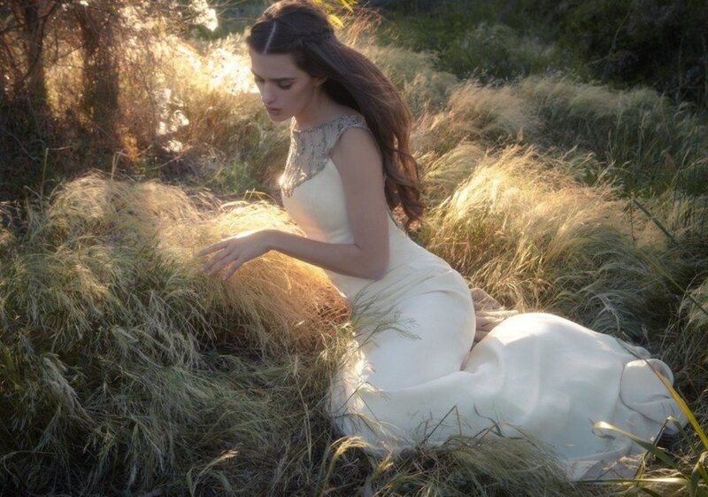 Woman in White Dress — Serene, Sunset, Photograph, Grass, Sunlight