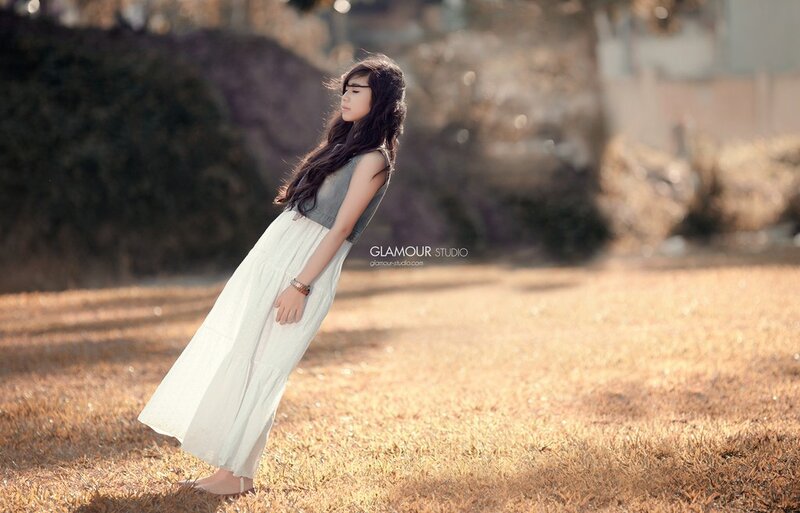 Woman in White Dress — Serene, Sunset, Photograph, Grass, Trees, Brown