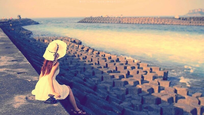 Woman in White Dress — Serene, Sunset, Photograph, Hat, Ocean