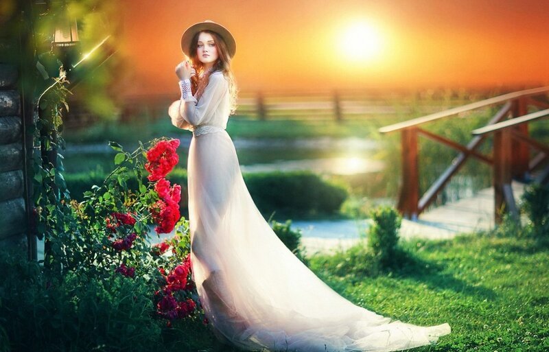 Woman in White Dress — Serene, Sunset, Photograph, Hat, Roses
