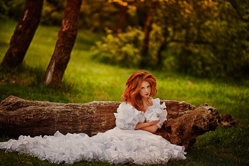 Woman in White Dress — Serene, Sunset, Photograph, Log, Trees