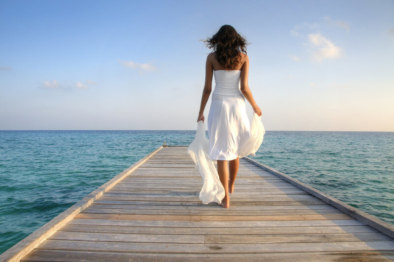 Woman in White Dress — Serene, Sunset, Photograph, Ocean, Dock