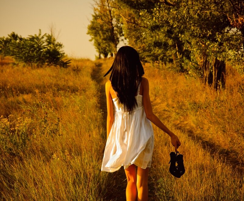 Woman in White Dress — Serene, Sunset, Photograph, Shoes