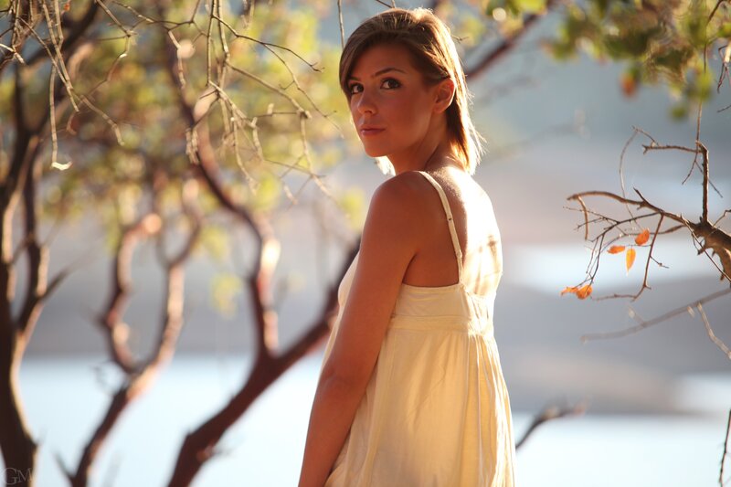 Woman in White Dress — Serene, Sunset, Photograph, Tree Branches