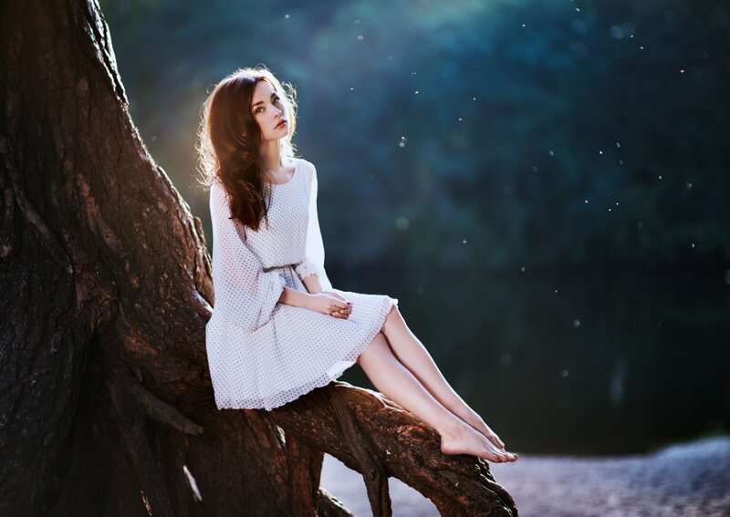 Woman in White Dress — Serene, Sunset, Photograph, Tree, Forest
