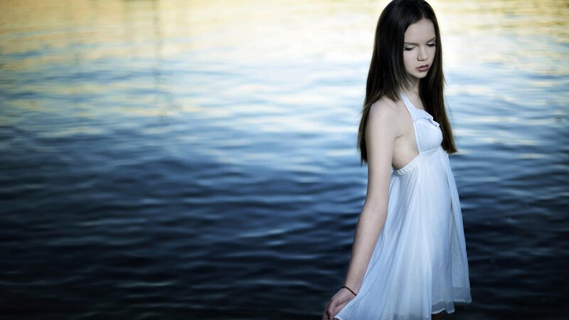Woman in White Dress — Serene, Sunset, Photograph, Water, Long Hair