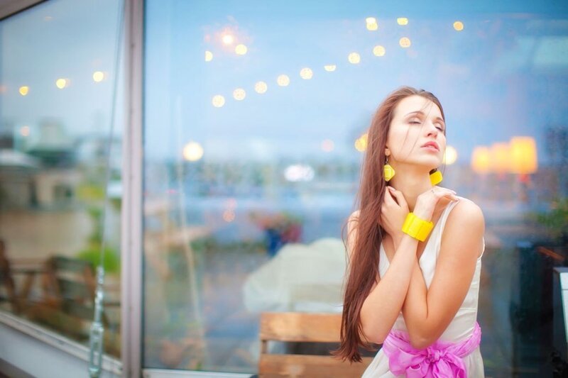 Woman in White Dress — Serene, Sunset, Photograph, Window