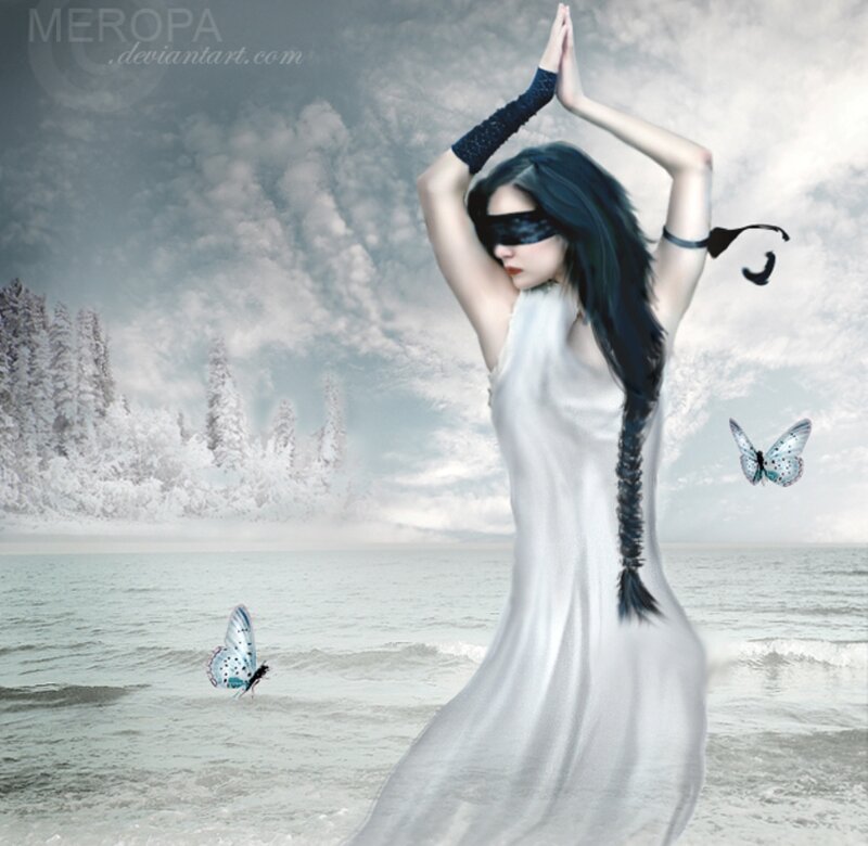 Woman in White Dress — Serene, Winter, Digital Art, Butterflies
