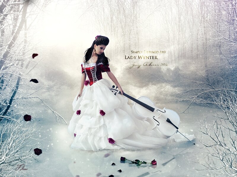 Woman in White Dress — Serene, Winter, Digital Art, Cello