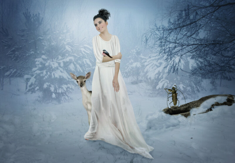 Woman in White Dress — Serene, Winter, Digital Art, Deer