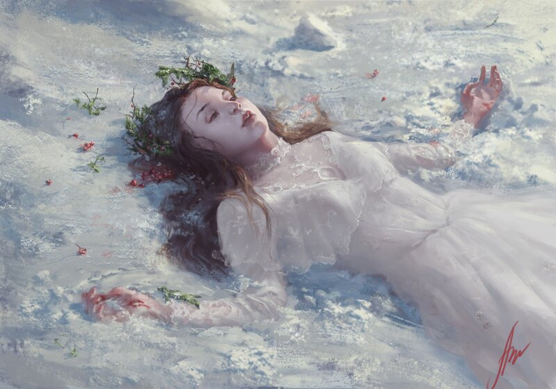 Woman in White Dress — Serene, Winter, Digital Art, Flowers, Snow