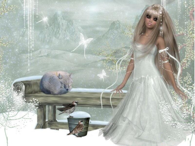 Woman in White Dress — Serene, Winter, Digital Art, Fox