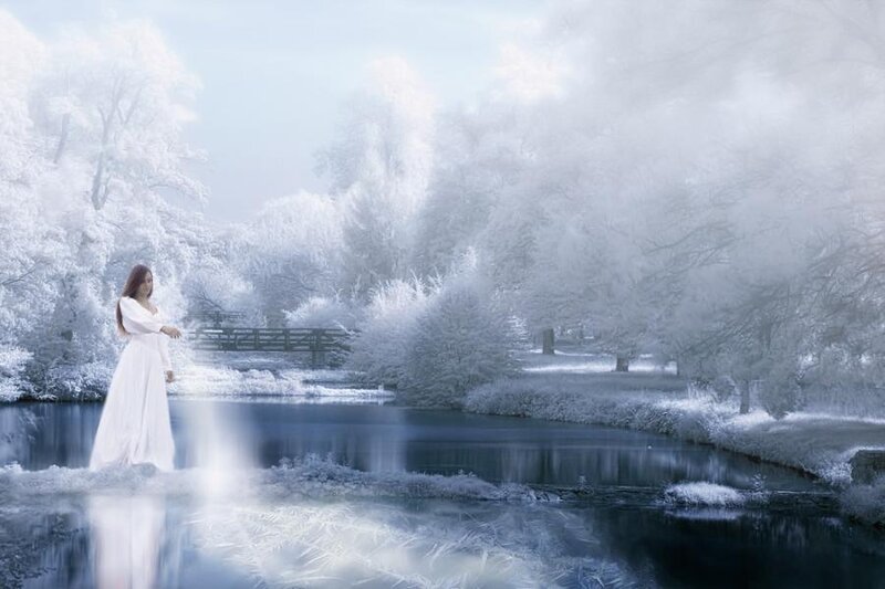 Woman in White Dress — Serene, Winter, Digital Art, River