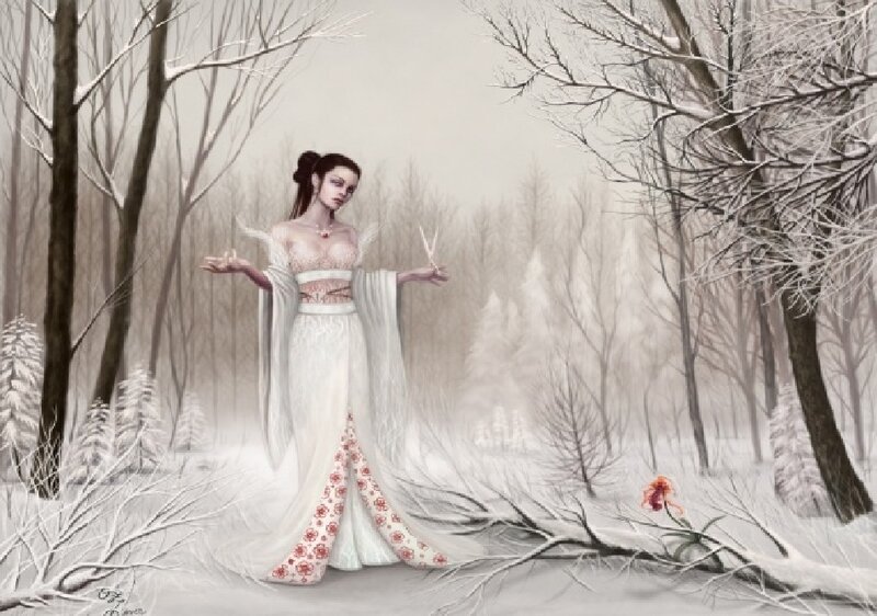 Woman in White Dress — Serene, Winter, Digital Art, Snowy Forest