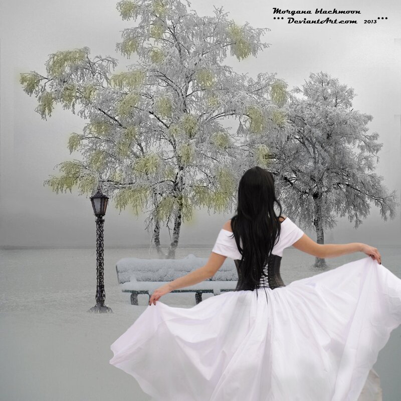 Woman in White Dress — Serene, Winter, Digital Art, Trees