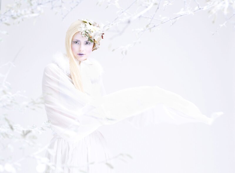 Woman in White Dress — Serene, Winter, Photograph, Flower Crown