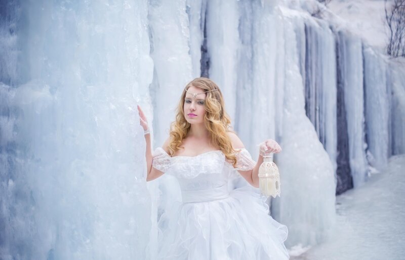 Woman in White Dress — Serene, Winter, Photograph, Ice Wall