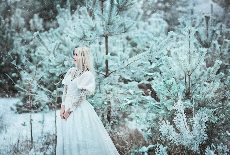 Woman in White Dress — Serene, Winter, Photograph, Snow, Pine Trees