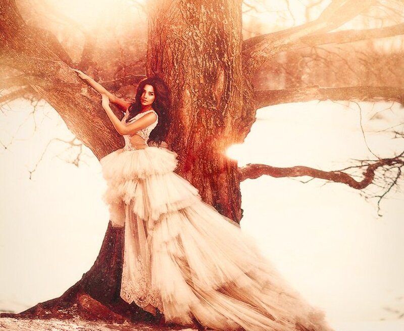 Woman in White Dress — Serene, Winter, Photograph, Tree