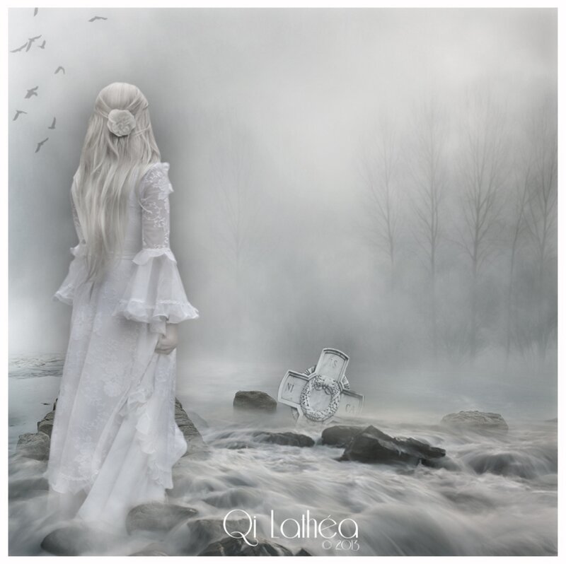 Woman in White Dress — Somber, Digital Art, Grave Marker