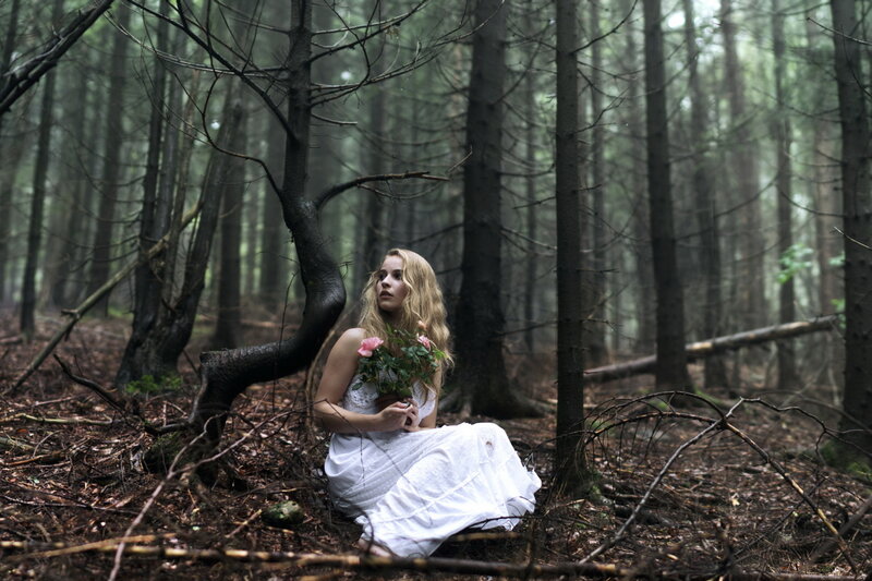 Woman in White Dress — Somber, Photograph, Forest