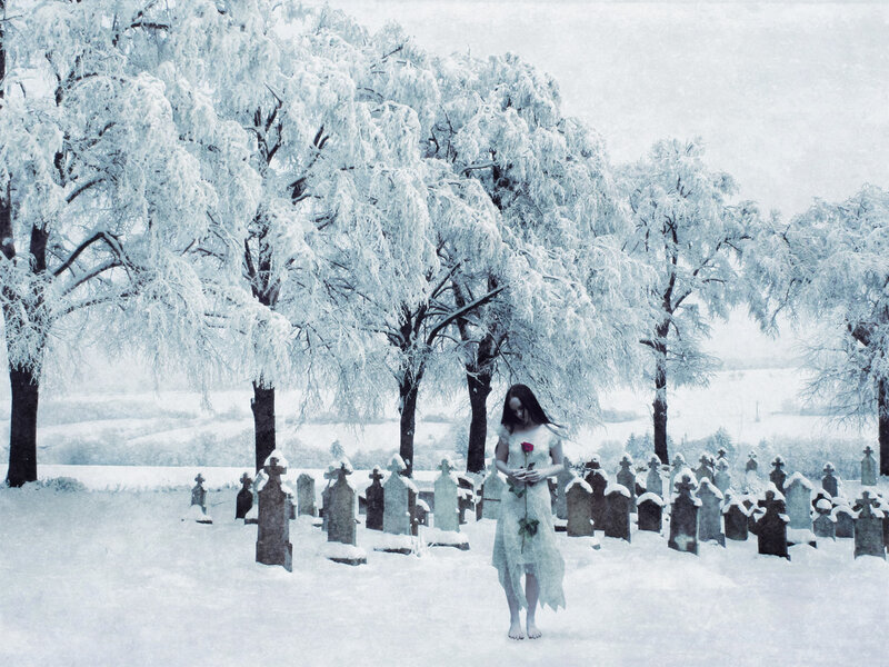 Woman in White Dress — Somber, Winter, Digital Art, Graveyard
