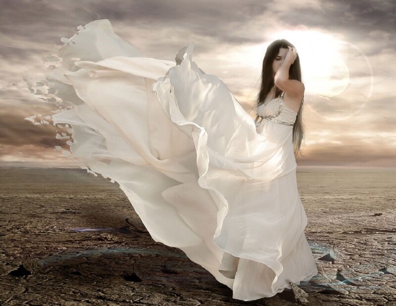Woman in White Dress — Sunset, Sky