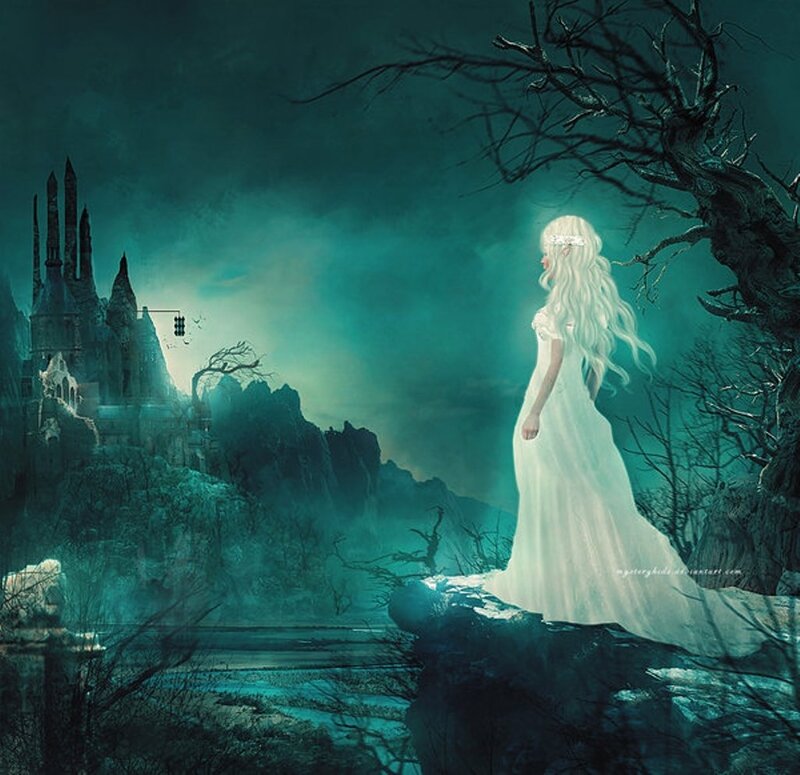 Woman in White Dress — Teal, Mysterious