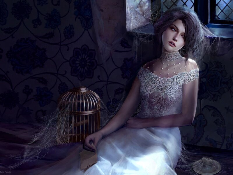 woman in white dress with birdcage